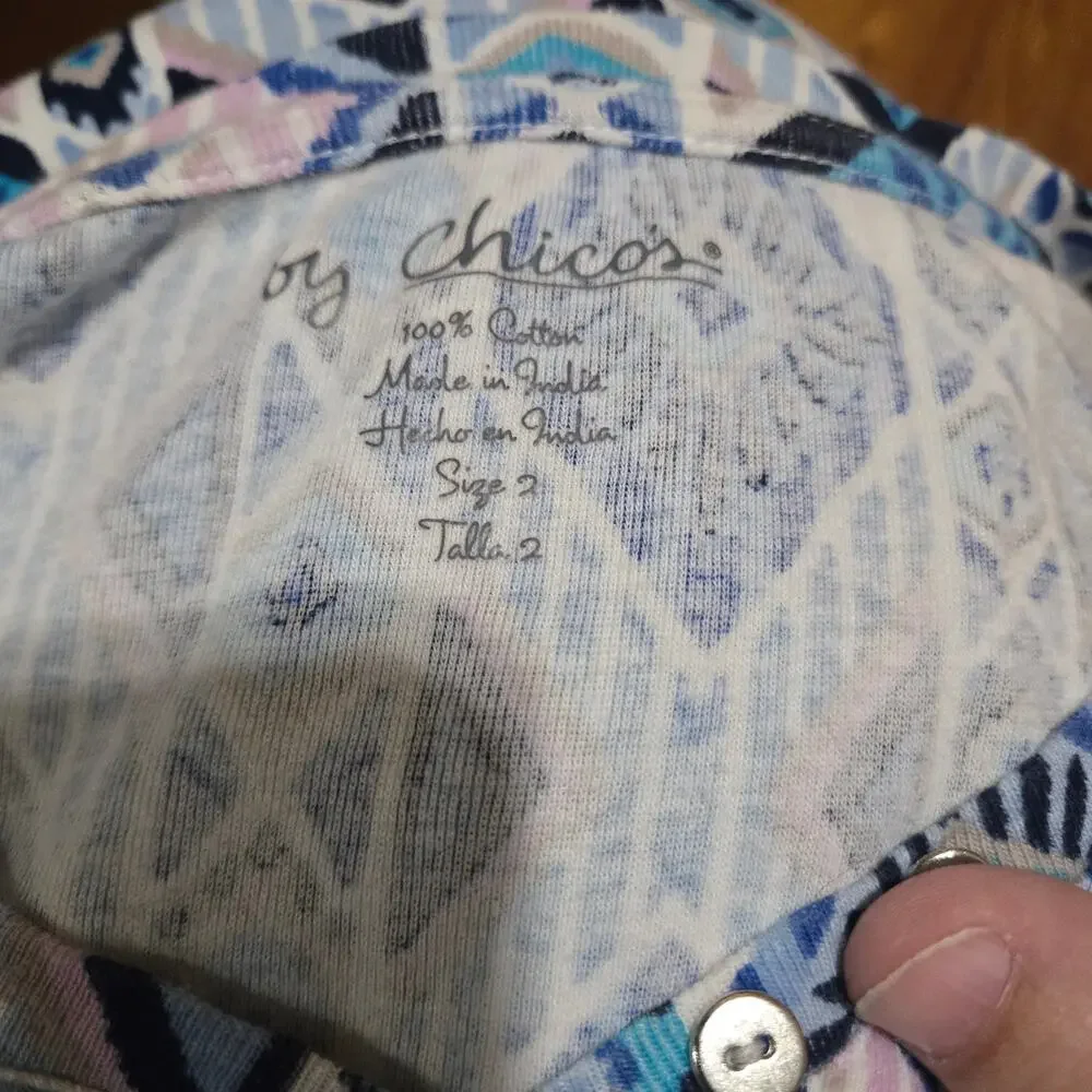 Chicos Geometric Print Top Size 2 Large Blue V Neck Cotton
